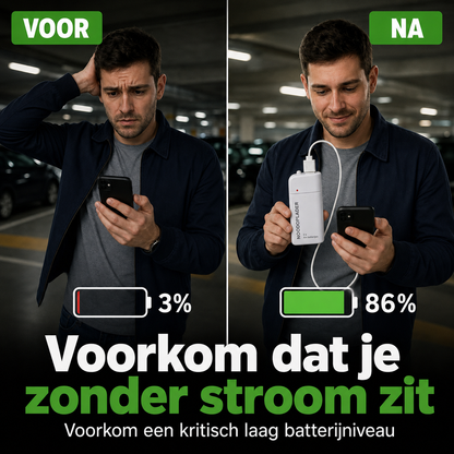 Noodoplader | Laad uw telefoon op zonder stroom of stopcontact | 1+1 gratis