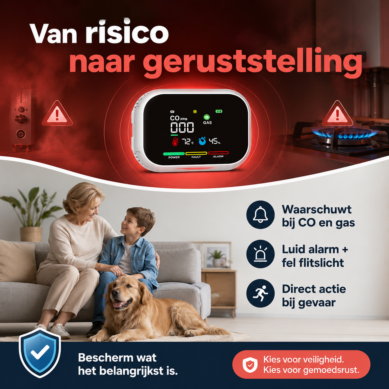 MultiSafe Pro™ – 100% bescherming tegen koolmonoxide, gas, rook en vocht