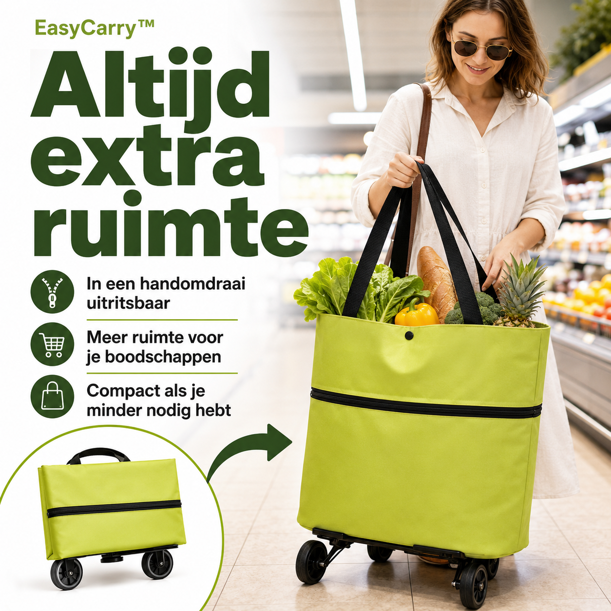 EasyCarry™ – Nooit Meer Tillen: Rol Je Boodschappen Moeiteloos Mee