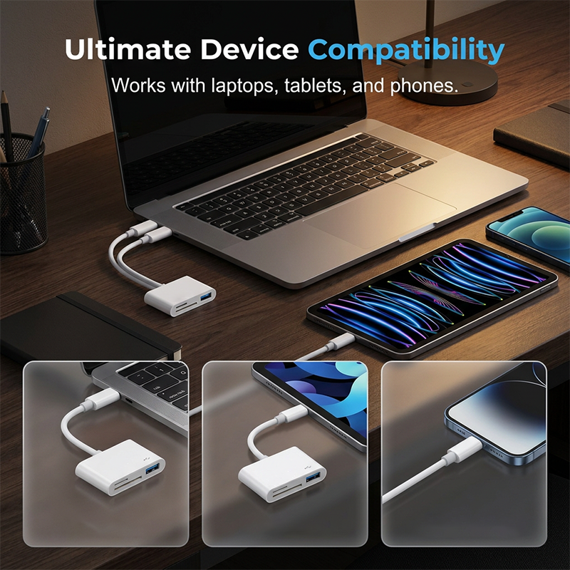 📱 Stop met het zoeken naar de juiste adapter! Deze 5-in-1 kaartlezer met Type-C en Lightning leest álles – SD, TF, USB – tot 1TB, zonder driver, zonder gedoe.
